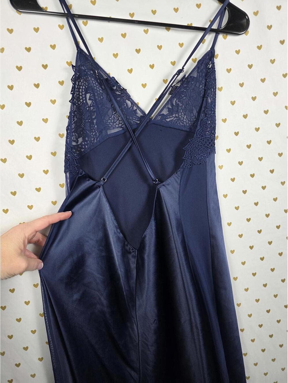 Victorias Secret LARGE Dark Blue Satin Maxi Silky Dress Full Length Sheer Side - Picture 5 of 7